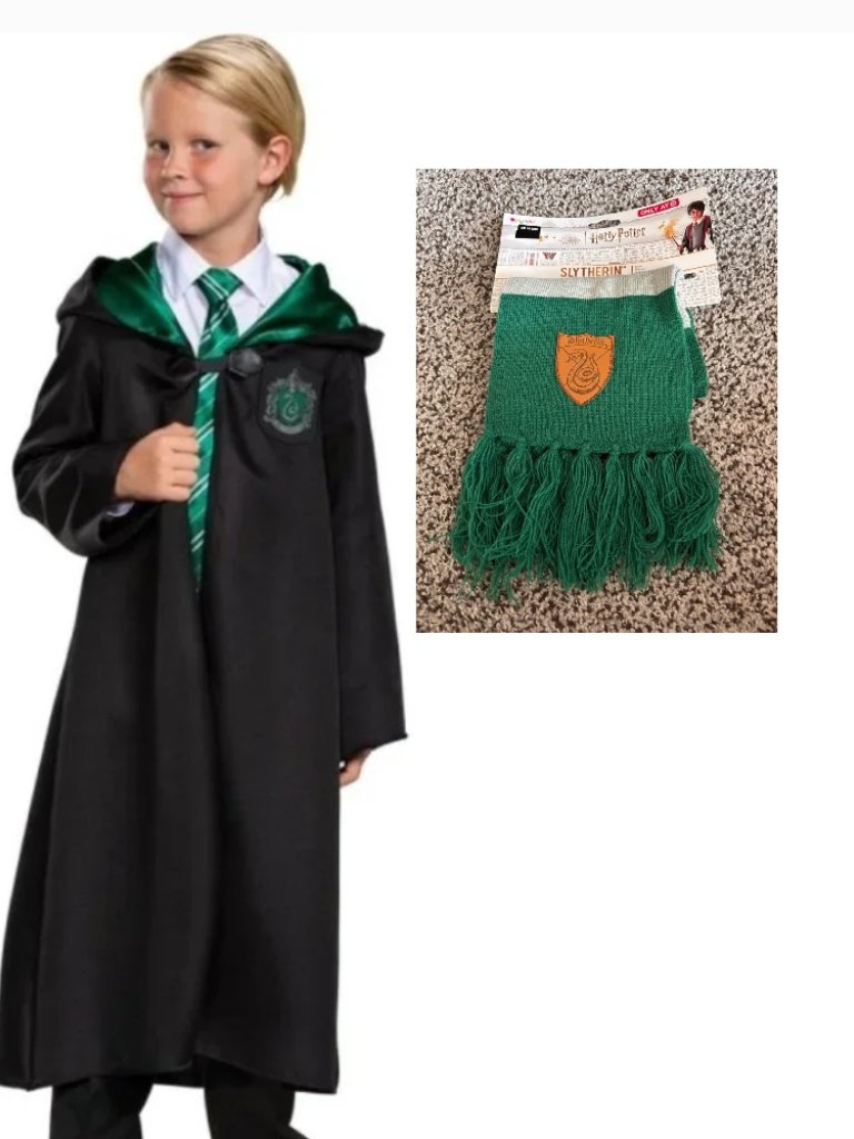 Harry Potter Slytherin Robe & Scarf Halloween Costume 4/6 Black Green Hooded